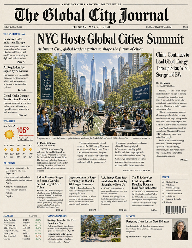 Newspaper front page about New York City hosting a global summit