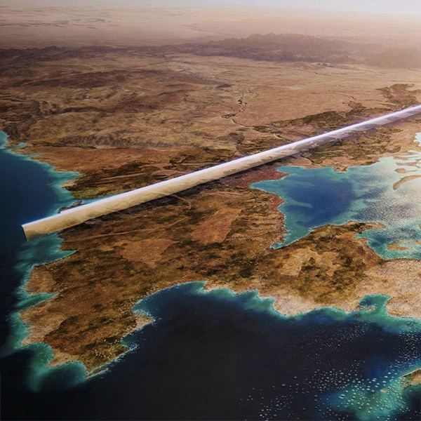 Aerial rendering of NEOM, The Line