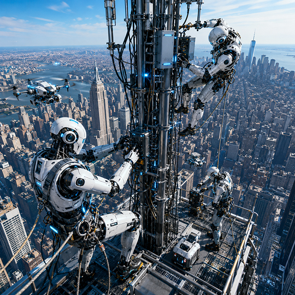 Robots maintaining an antenna on top of a skyscraper