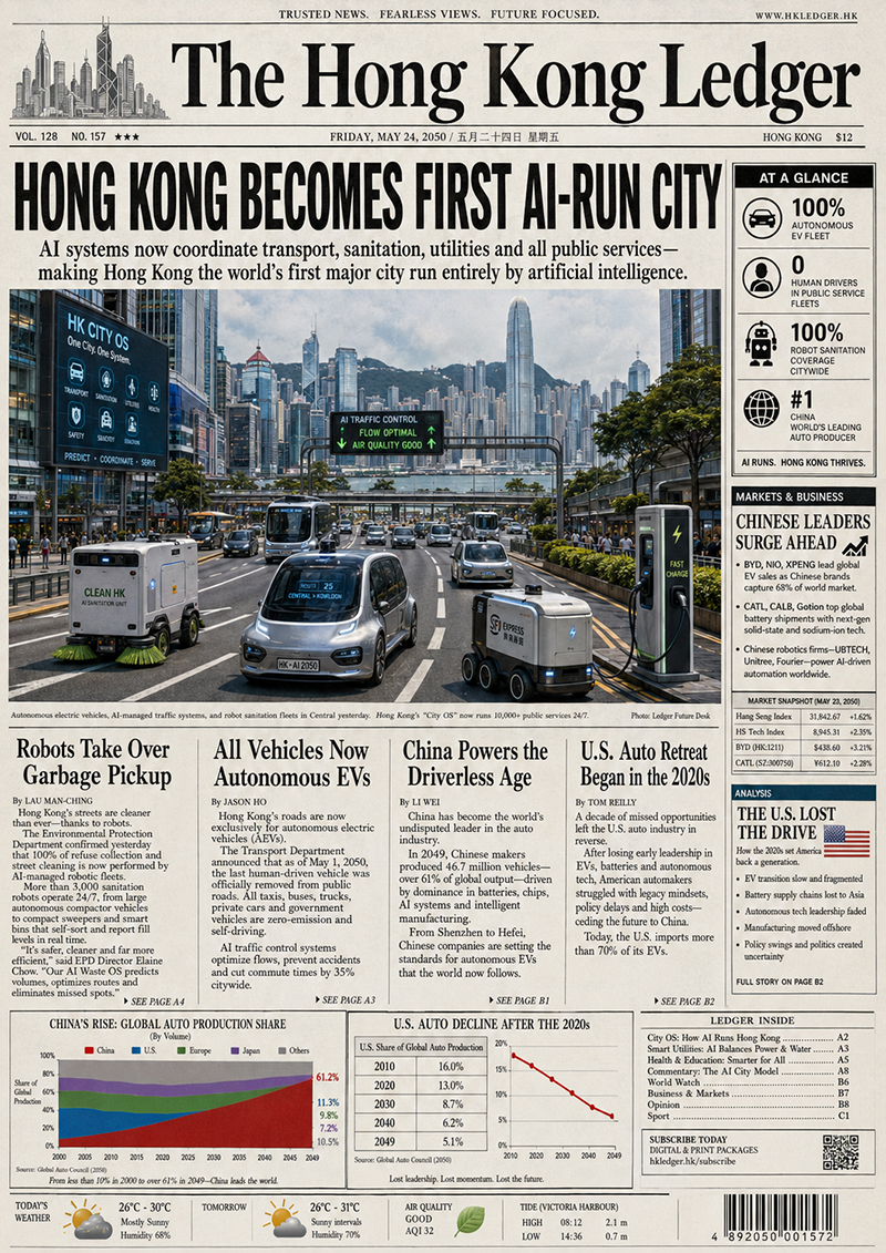 The Hong Kong Ledger newspaper front page about Hong Kong becoming an AI-run city