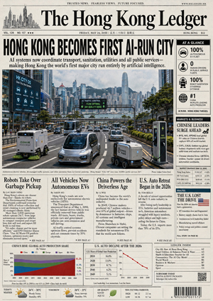 The Hong Kong Ledger newspaper front page about Hong Kong becoming an AI-run city