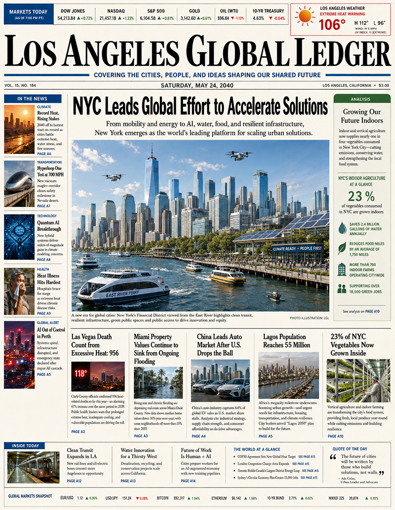 Los Angeles Global Ledger front page: NYC leads global effort to accelerate urban solutions