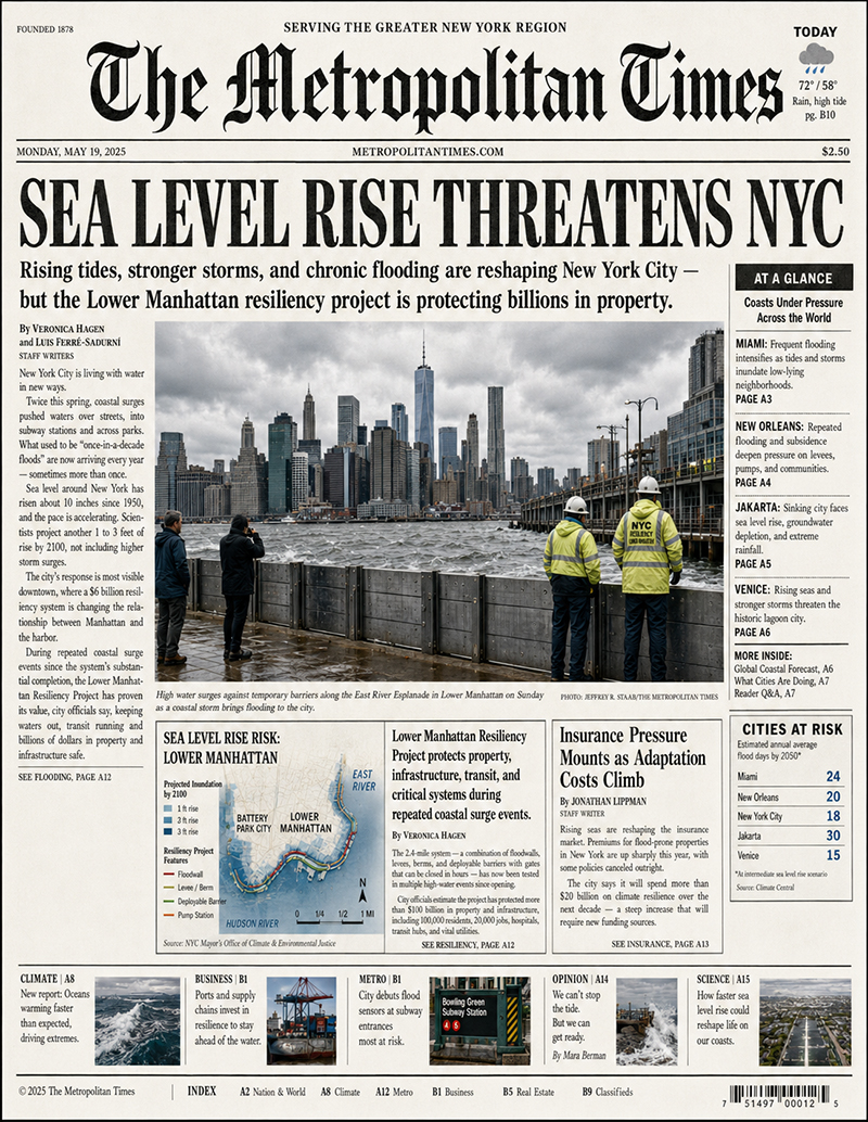 The Metropolitan Times newspaper front page about sea level rise threatening New York City