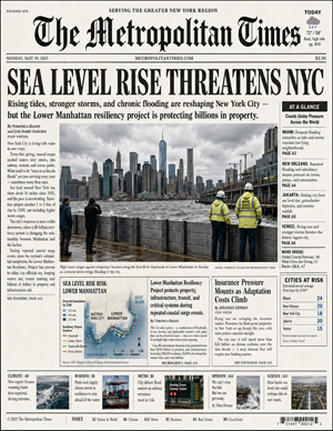 The Metropolitan Times newspaper front page about sea level rise threatening New York City
