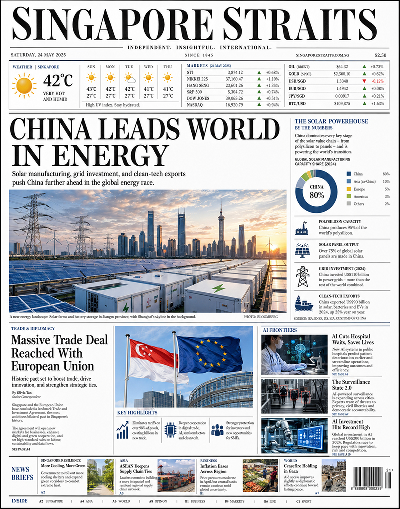 Singapore Straits front page: China leads world in energy