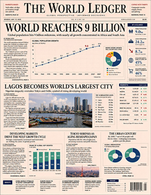 The World Ledger newspaper front page about global population growth and Lagos becoming the world largest city
